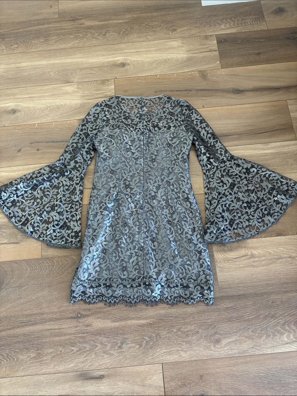 White House Black Market Black Lace Bell Sleeve Mini Dress with Silver Overlay